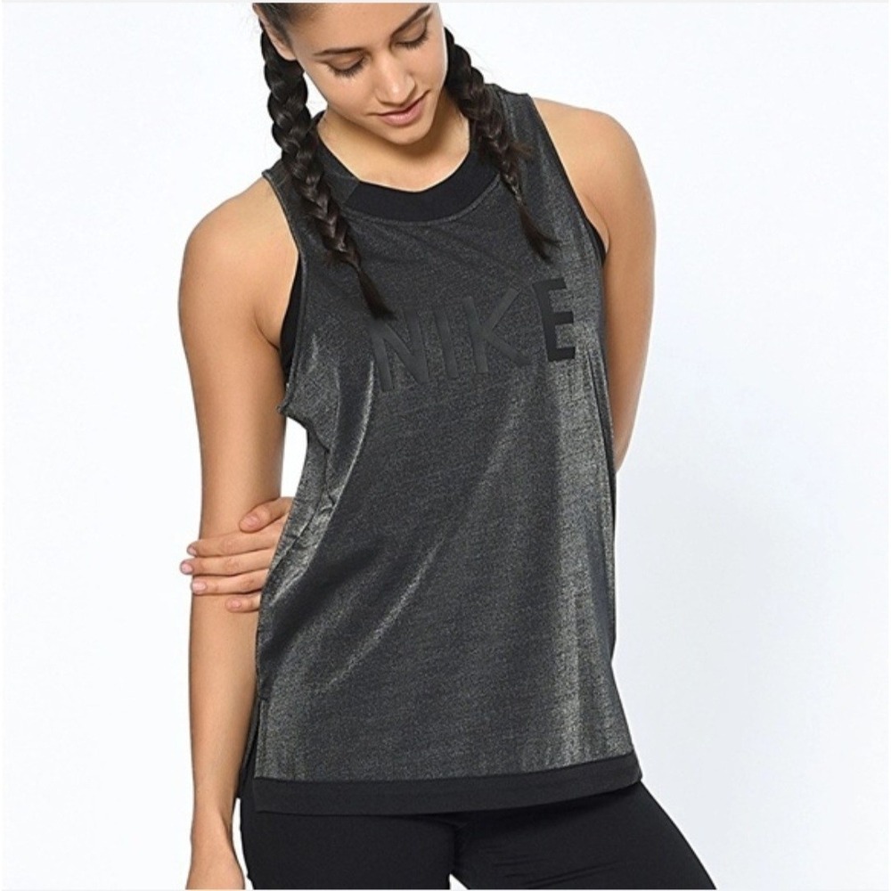 Nike Sportswear Womens Black Gray Shimmer Spellout Graphic Tank Top Size Large